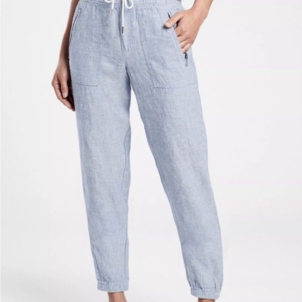 Athleta‎ Cabo 100% Linen Jogger Pants Women Size 2 Blue Drawstring Zip Pockets - Picture 8 of 8